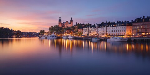 Fototapeta premium Picturesque town at sunset with colorful buildings and boats