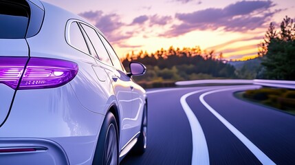 Scenic Drive at Sunset with Modern Car