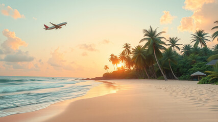 3D, Serene tropical beach at sunset with palm trees and plane