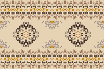 Pattern minimalistic pixel art and ethnic design for background.Embroidery Cross Stitch.carpet,wallpaper,clothing,wrapping,Batik,fabric,Vector illustration.embroidery,floral samless pattern