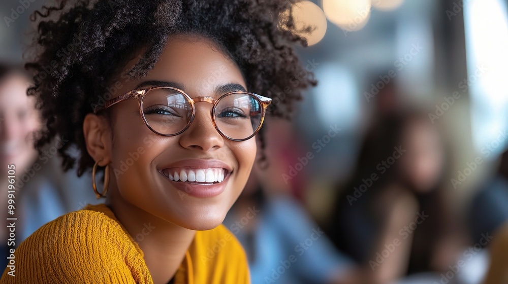 Poster Smiling Woman with Glasses in a Cozy Cafe