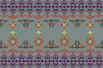 Ethnic abstract pixel art.Fabric seamless pattern in tribal.Bright Pixel Art Fabric Pattern with Geometric Square.American,mexican,indian,bohemian,vector,fabric,clothing,carpet,textile,wrapping,batik 