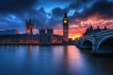 Fototapeta premium Stunning sunset over the iconic big ben and houses of parliament in london