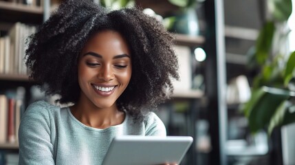 Smiling Woman Using Tablet in Cozy Environment