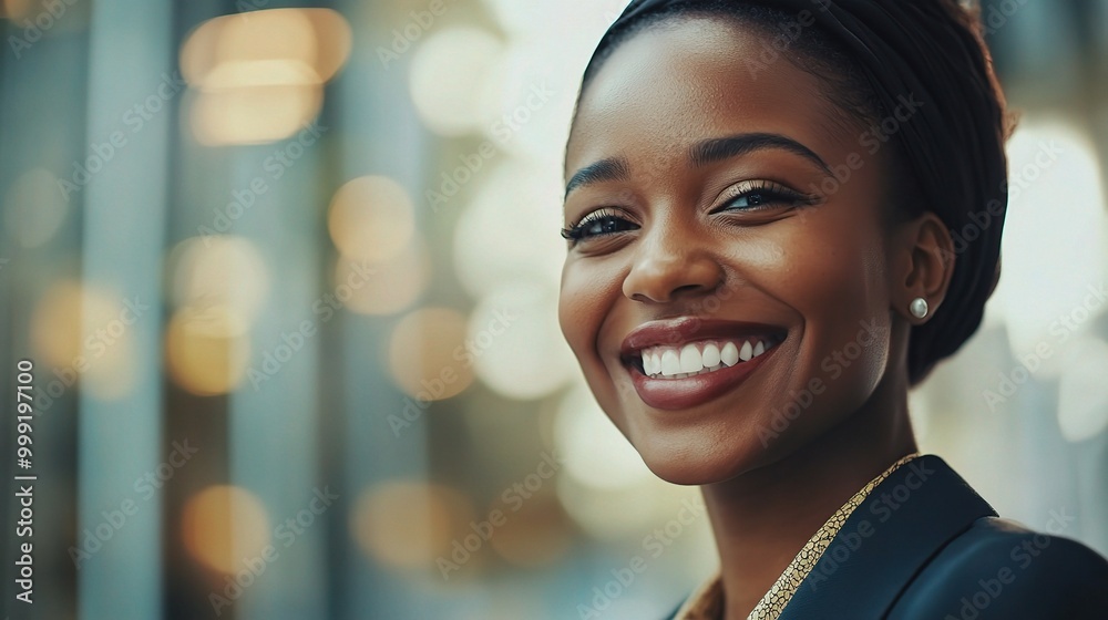 Wall mural Happy Smiling Woman in City Background