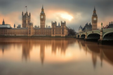 Naklejka premium Stunning sunset over the iconic houses of parliament in london