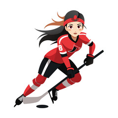 A female hockey player, wearing a red jersey, skates across the ice, stick in hand, poised to take a shot on goal