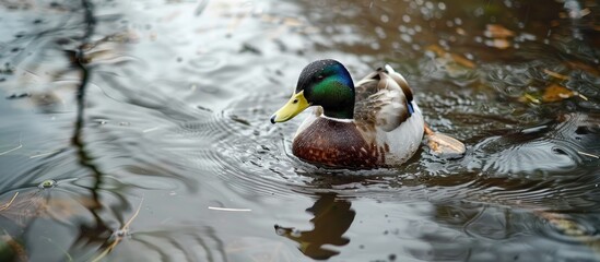 Fototapeta premium Duck Swimming Across Pond During A Cloudy Day