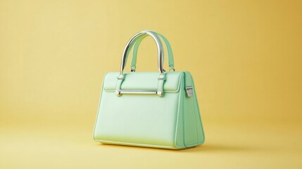 A compact, structured handbag in mint green with silver accents, isolated on a light yellow background