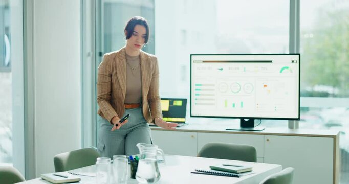 Computer screen, notes and presentation with business woman in office, getting ready for pitch. Dashboard, data and international report with finance employee at work to practice for client meeting