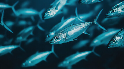 Fototapeta premium A school of silver fish swimming in deep blue ocean waters, showcasing the beauty of marine life.