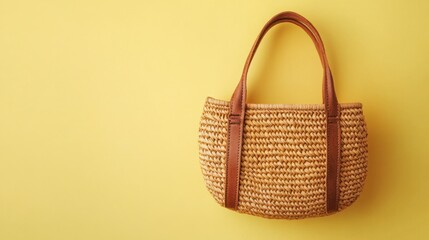 A small, woven straw bag with leather straps, isolated on a pastel yellow background