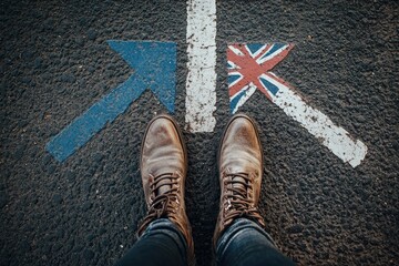 Feet standing on road with directional arrows and union jack flag