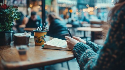 Woman writing in a notebook at a cafe table with a blurred city background.