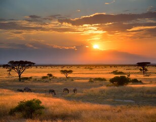 Obraz premium Vast Savannah Plains Under a Fiery Sunset, Home to Grazing Wildlife