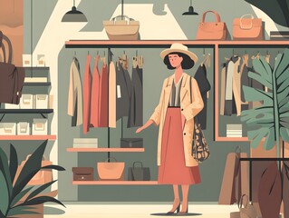 A fashionable woman explores a stylish boutique with trendy clothing and accessories on display, highlighting modern fashion.