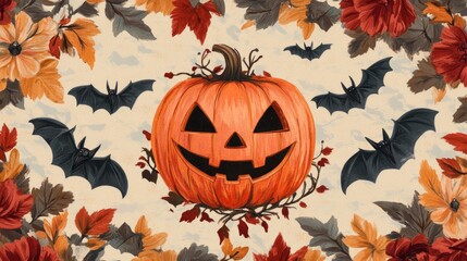 A jack-o'-lantern with a wide grin surrounded by autumn leaves and flying bats on a cream background.