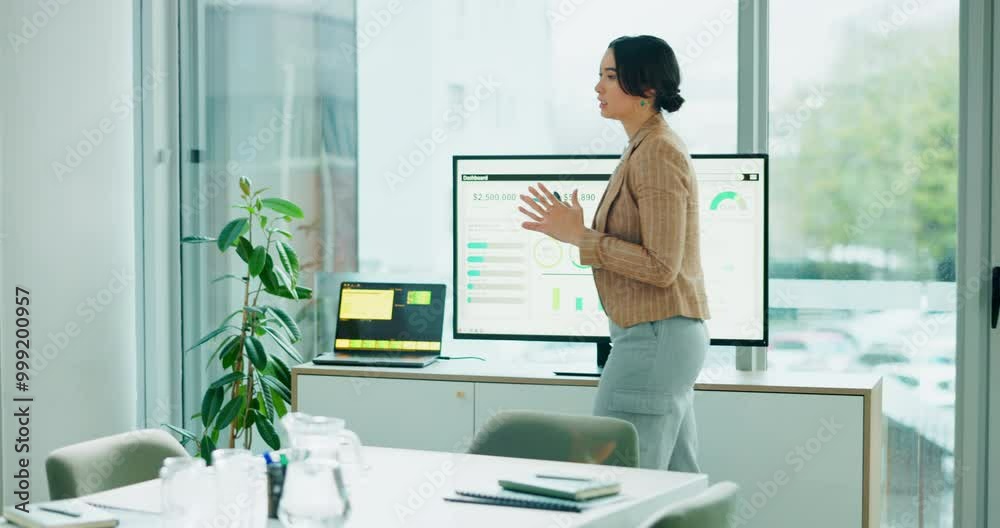 Fototapete computer screen, prepare and report with business woman in boardroom, getting ready for pitch. dashb