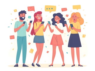Group of friends happily chatting and using smartphones in a colorful social setting, emphasizing connection and communication.