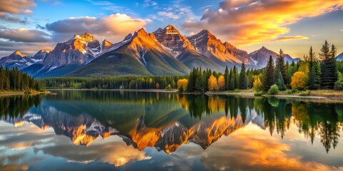 Tranquil Lake's mirrored surface reflects majestic mountain peaks as golden hour light bathes the serene landscape with vivid colors and soft shadows.