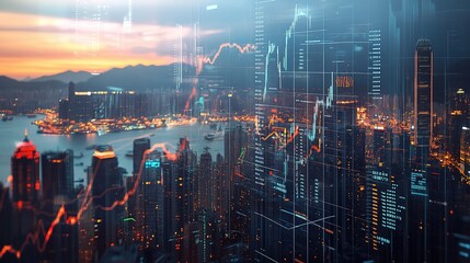 Fototapeta premium Urban Skyline with Financial Data Overlay at Sunset