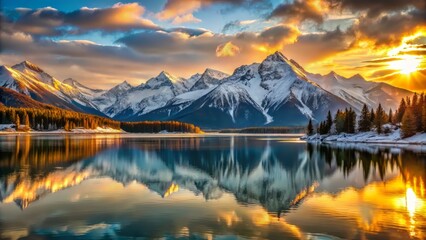 Rising Sun casts golden light on snow-capped mountains reflected in peaceful lake, dramatic contrasts and vast horizon.