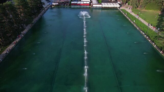 Drone Shot oi Lake in Downtown Zlatibor Mountain Resort Serbia on Sunny Summer Day