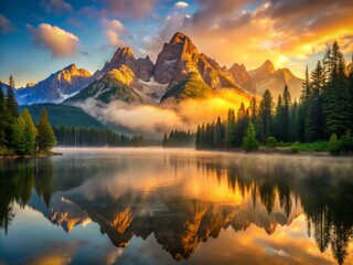 Obraz premium Golden Hour Light bathes the serene mountain lake in warm tones as rugged peaks rise majestically from the misty veil, their textures and colors illuminated by the soft, gentle glow of dawn.