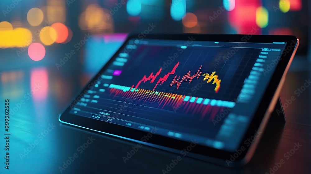 Poster digital tablet displaying colorful data visualization