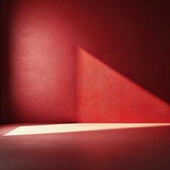 Obraz premium Red Wall with Light Beam and Wooden Floor - Minimalist Interior Design Background.