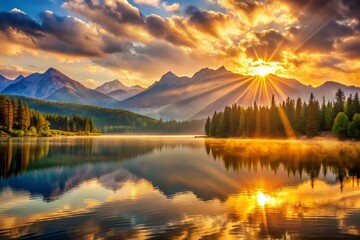 Radiant dawn light breaks over the sleeping landscape, igniting the distant mountain ridges with warm, golden tones, while the lake's calm surface reflects the vibrant colors of the awakening world.