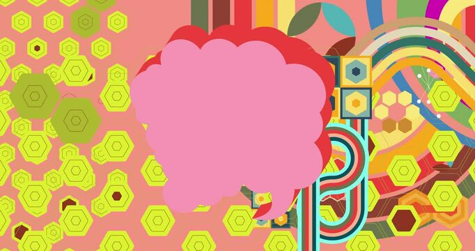 Retro 70s Background with speech bubble and groovy lines. 1970s art template. Minimalistic Vintage design poster. Old-fashioned color artwork.