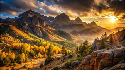 Golden morning light spills across rugged terrain
