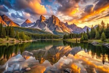 Mountain sunrise panorama unfolds with warm golden light dancing across a tranquil lake's surface, surrounded by rugged peaks and a kaleidoscope of colorful skies.