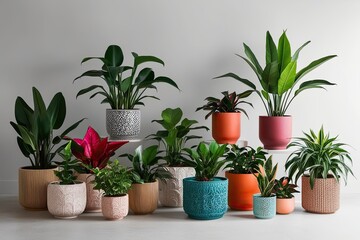 Beautiful Collection of Colorful Houseplants in Stylish Pots on a Minimalist Background