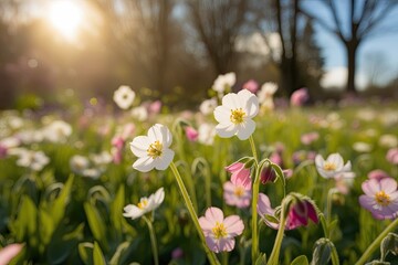 Obraz premium Vibrant Spring Garden Bathed in Golden Sunlight Macro View of Enchanting Meadow Flowers
