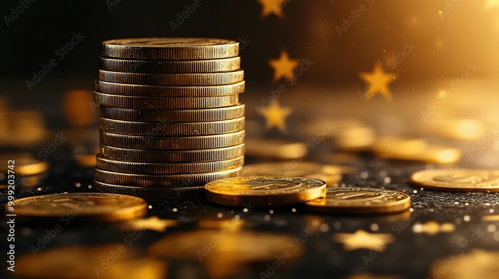 Wall mural Stacked Coins on a Glittering Surface