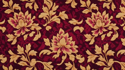 Seamless pattern of burgundy floral design with yellow leaves and flowers.