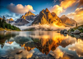 Golden light illuminates the rugged mountain peaks, reflecting off the lake's glassy surface, juxtaposing the softness of the mist with the harshness of the rocky terrain.