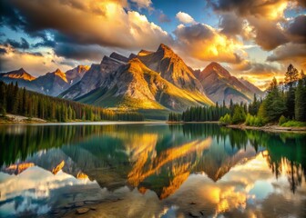 Golden Hour Radiance illuminates the majestic mountainous landscape, with soft light reflecting off the glassy lake surface, accentuating the region's dramatic topography and kaleidoscope of colors.
