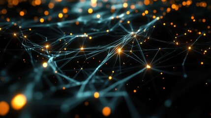 Fototapeta premium Abstract Network with Glowing Orange and Blue Lines and Dots on Black Background.