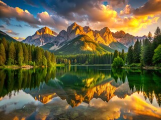 Obraz premium Golden Hour illuminates distant mountain ridges casting vibrant reflections in a serene lake surrounded by lush green forests.