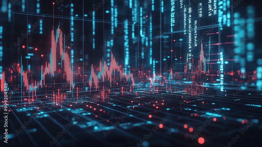 Poster digital data visualization with glowing graphs