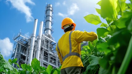 Worker in Safety Gear Inspecting Green Plants