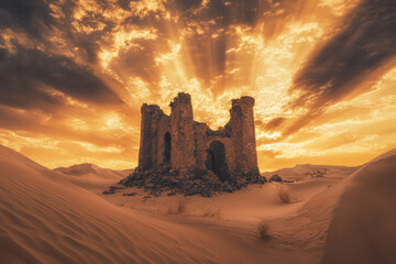 Obraz premium A dramatic sunset illuminates the ruins of an ancient structure amidst rolling sand dunes, evoking a sense of mystery and history.