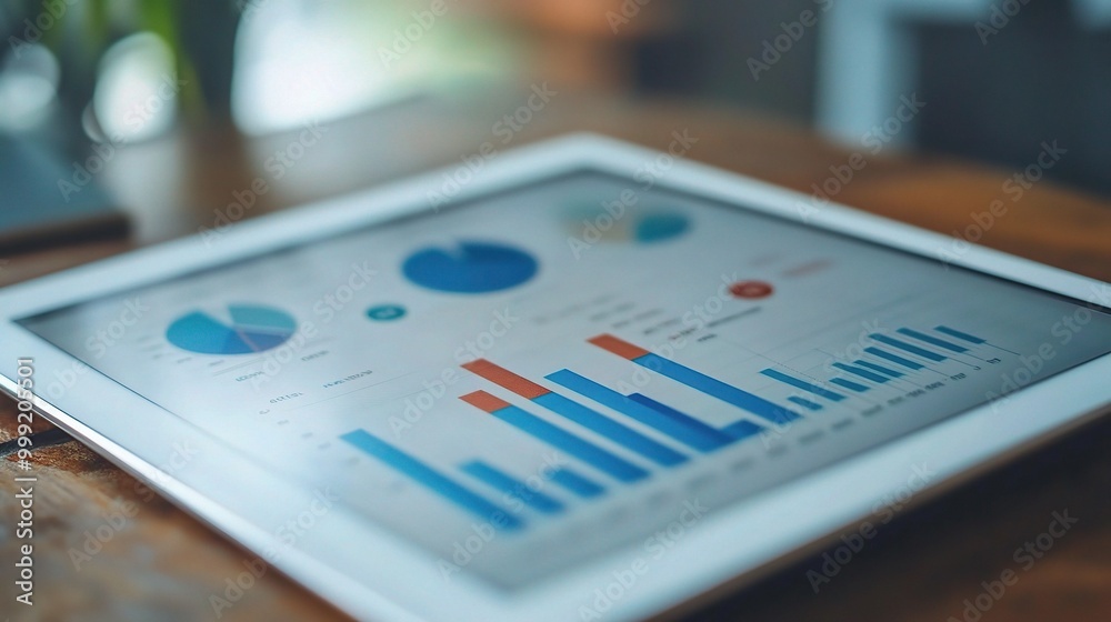 Poster data visualization on tablet with colorful graphs