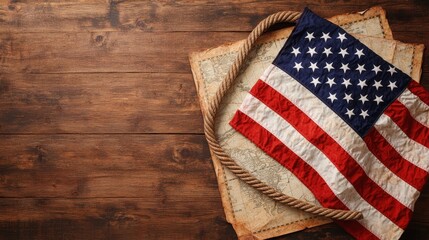 American Flag  Rope  and Vintage Map on Wooden Table   Patriotic Background