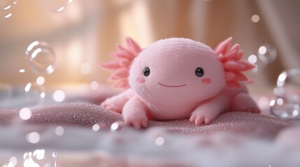 A pastel pink plush axolotl toy enjoys a dreamy moment on a glittery surface surrounded by whimsical bubbles