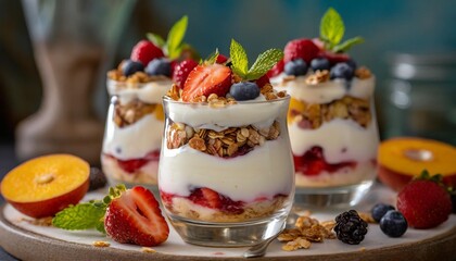 Refreshing breakfast parfaits with depth of field highlighting layers of yogurt, fruits, and granola