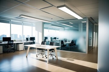 Tranquil Blurred Imagery of a Bright Contemporary Office with Open Work Environment